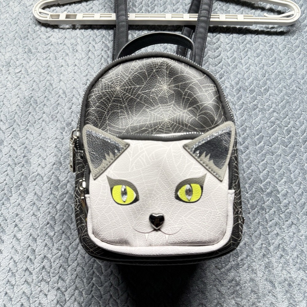 Betsey Johnson‎ Mini Backpack Cat Face Spiderweb Print Black Gray Yellow Eyes